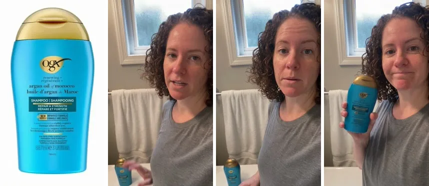 Four frames from the finished ad: the product photo, then the presenter talking to the camera at home.