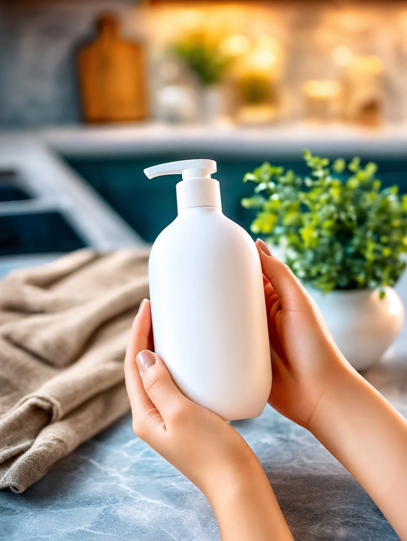 Product shot with the AI-slop signature dialled up: over-saturated greens, golden HDR bloom, waxy poreless hands and a heavily blurred kitchen behind the bottle.