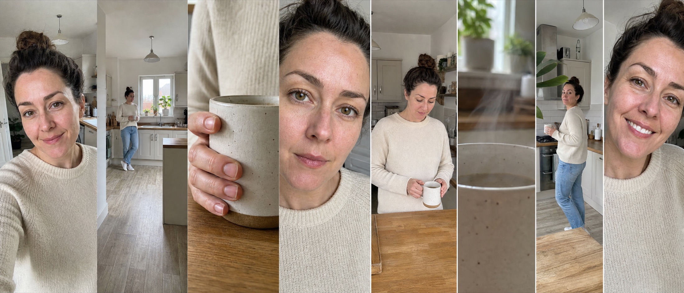 A 21:9 storyboard sheet of eight tall panels in one row, the same woman in the same kitchen, framing distance changing panel to panel