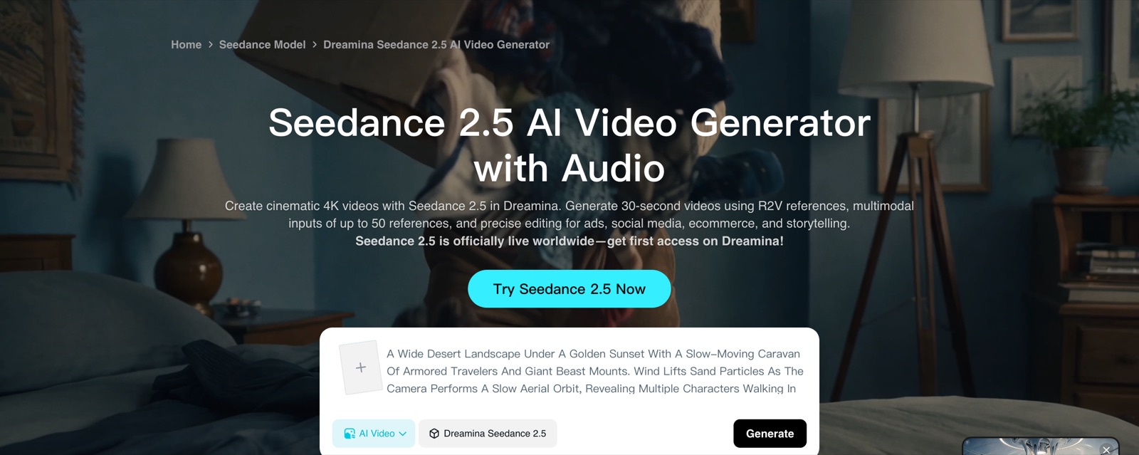 Screenshot of ByteDance's Dreamina product page headed "Seedance 2.5 AI Video Generator with Audio", with body copy promising cinematic 4K videos and a Try Seedance 2.5 Now button over a dim bedroom scene